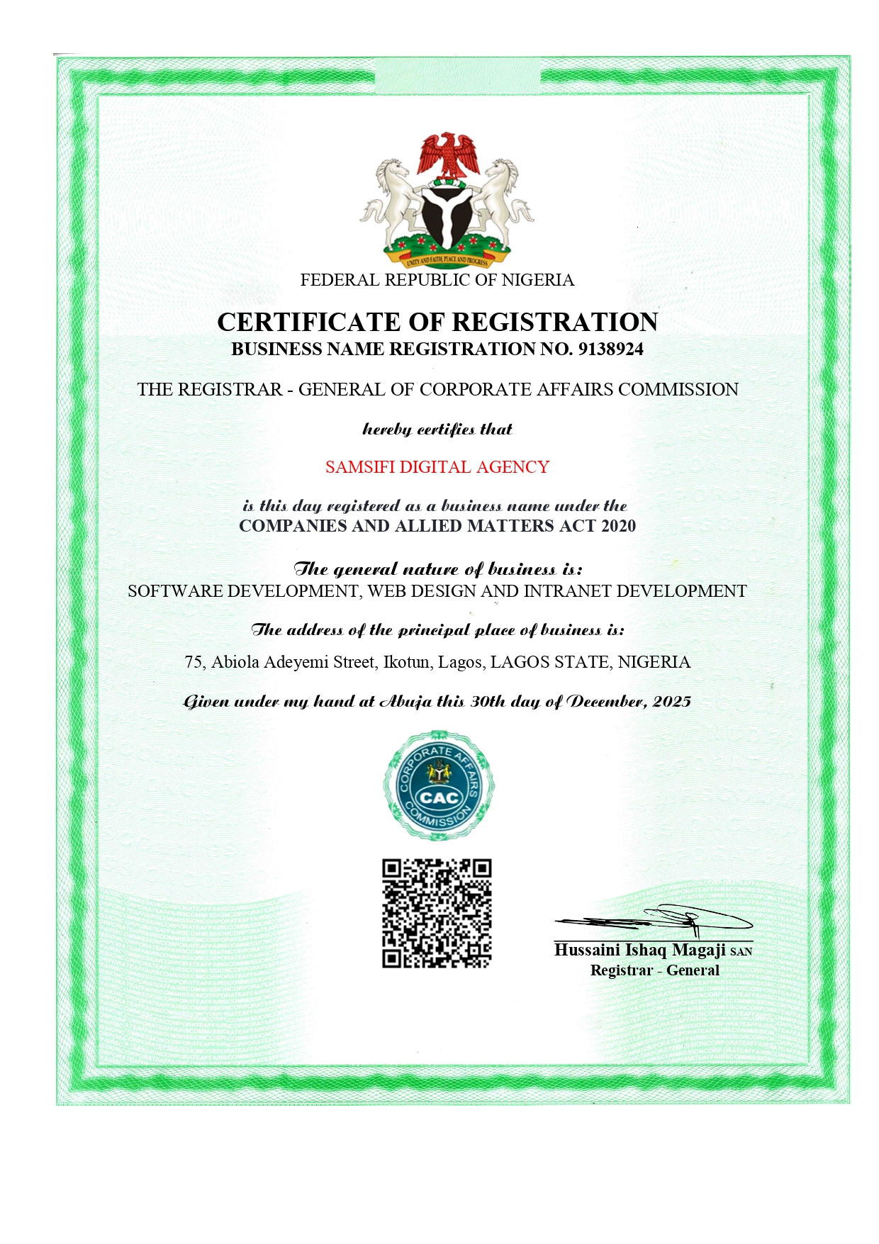 SamSiFi Digital Agency Certificate